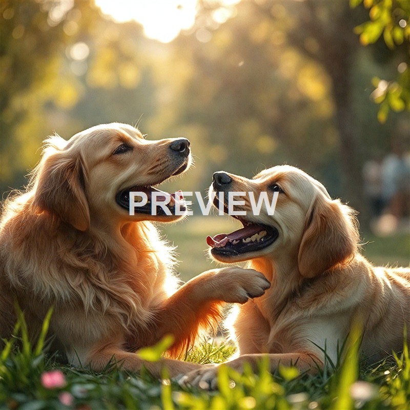 Two golden retriever dogs are lying on the grass in a park during sunset, playfully interacting with each other.